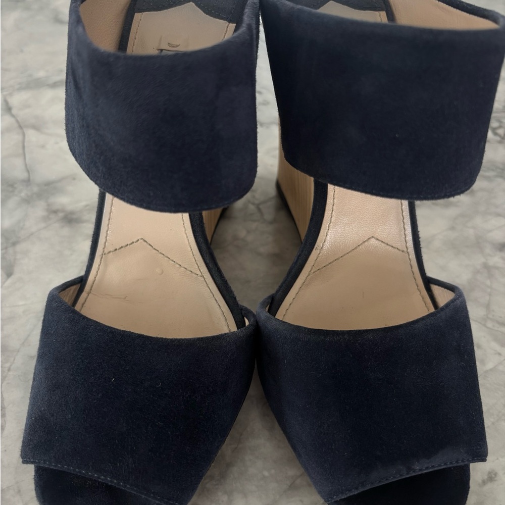 PRADA Oltremare Dark Blue Suede Strap Wedge Shoes